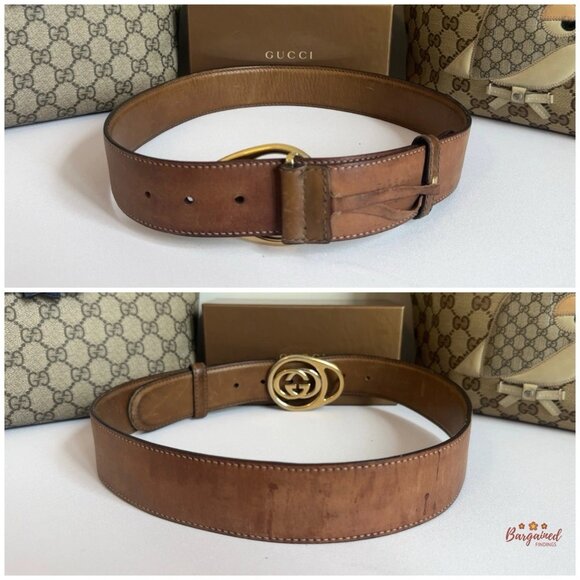 Authentic Gucci Brown Leather Gold Interlocking G Buckle Belt 80/32 - Picture 5 of 13